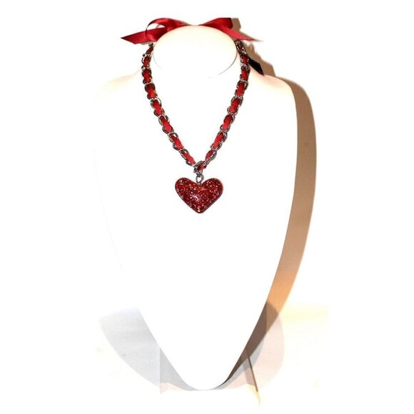 Silver Chain Bow Girls Womens Crystal Red Ribbon Heart Valentine Love Necklace - Picture 2 of 4
